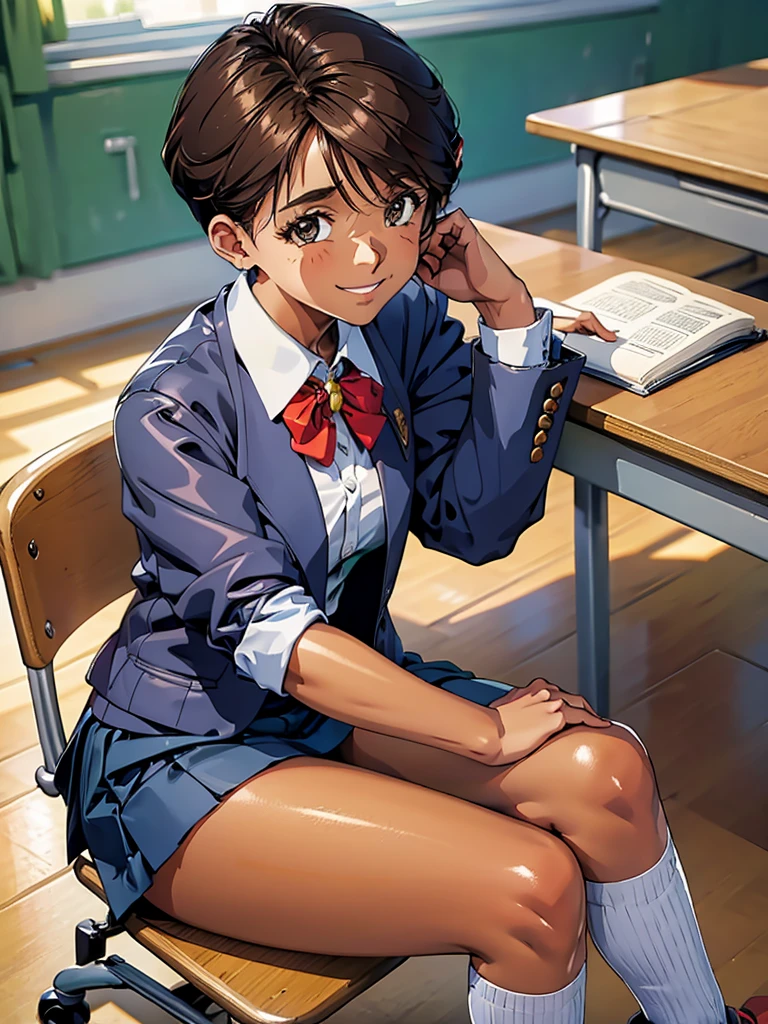 one girl is sitting on desk in classroom, smile, open your legs,