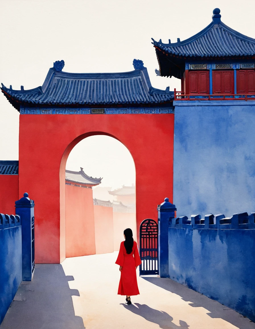 minimalist composition，Main colors of Chinese red and indigo blue，Gouache art，Studio photos，Silhouette of an ancient Chinese red arched city gate，A long-haired Chinese woman in red is standing there，It&#39;s like walking through the door and looking at the indigo sky in the distance ， reflection，Diffusion gradient，Sense of space ，sense of lines，translucent，Matte texture，Chen Jialing，Liu Ye，Minimalism