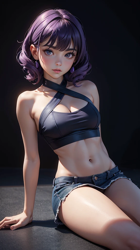 (masterpiece), (best quality), (detailed), light layer, 1solo girl, young girl, perfect body, purple hair in curls, defined large chest, small waist,defined collarbone, ultra realistic, photorealistic, detailed, ,Enhance, wearing a blue Black Double Layer Slinky Twist Crop Top, blue short mini skirt, studio background,   seated on the floor with legs extended or slightly bent, leaning back on her arms or gently resting her hands on the floor.