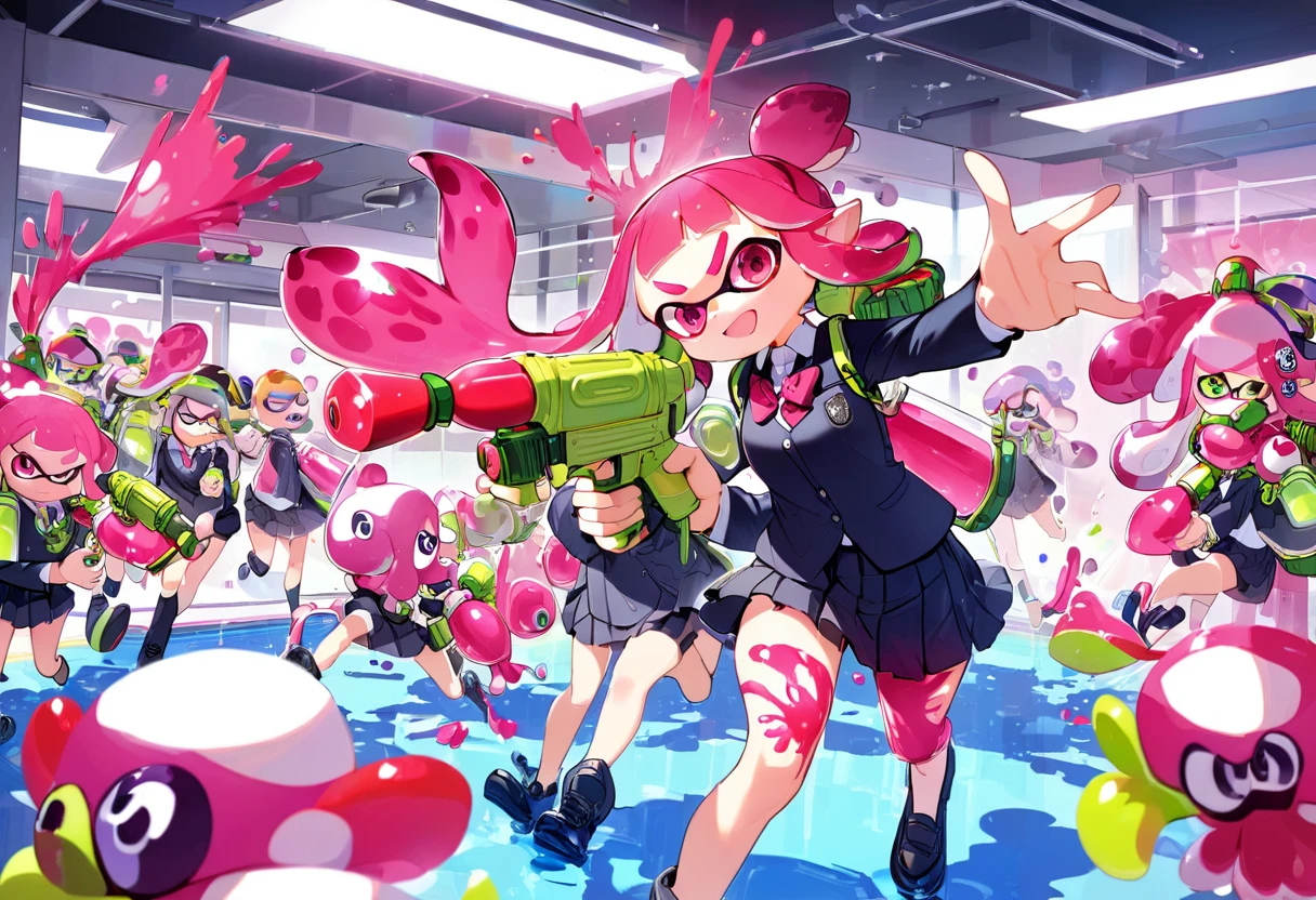 (masterpiece, best quality:1.1), popart, (many Inklings(from "Splatoon") are playing Splatoon pretend in school pool),wearing school uniforms, a lot of ink on their bodies,playing with paint on each other using water-gun and ink-gun,splattered ink,colorful,great joy,volumetric lighting, dynamic pose,sharp,