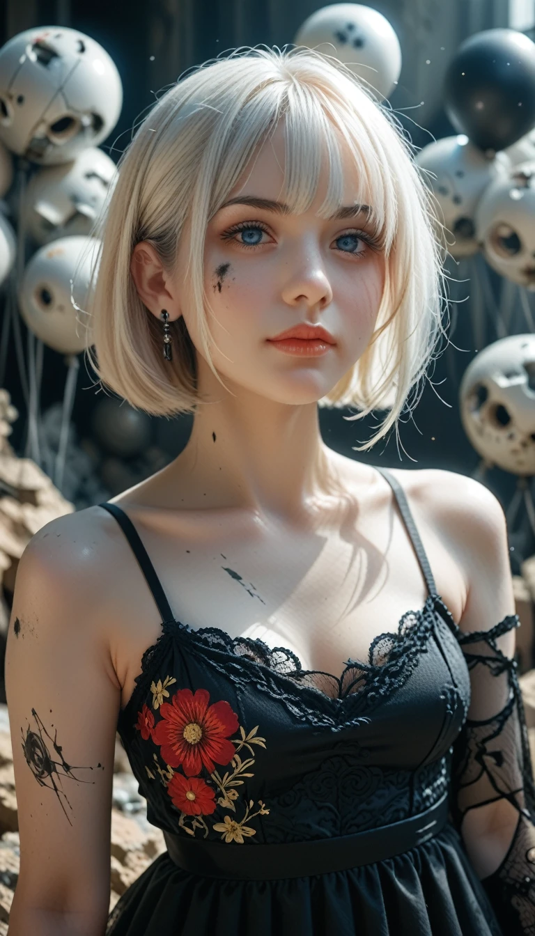 A gothic female character in HQ style, wearing a black balloon dress with floral designs along the edges. She has white bob-cut hair, pale white skin, and a subtle smirk on her lips. The background is dramatic, featuring broken rocks, destroyed machinery, and symbols scattered throughout. The scene is enhanced by deep shadows and a cinematic color palette, adding to the dark and mysterious atmosphere. Her name is prominently displayed in the background, written in stylized symbols with vibrant yellow and red colors. The lighting is carefully placed to highlight the details of her dress, expression, and the surrounding elements, creating a strong and visually striking contrast. The image is rendered in high quality to capture the intensity of the scene.