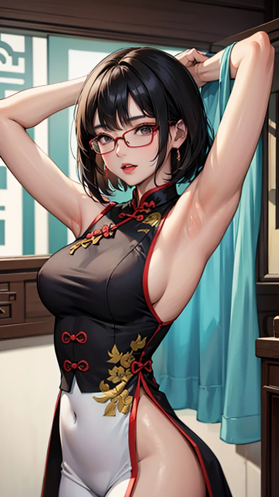 A young Chinese mother wearing a cheongsam that is too small, leaving parts of her body uncovered, has very large breasts, short hair covering one of her eyes, wearing glasses, showing her armpit.