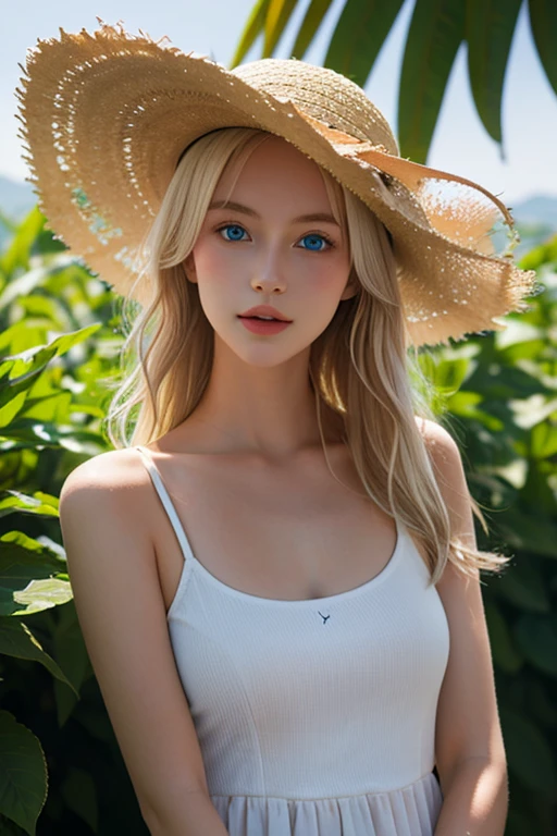 Mastepiece, Best Quality, Illustration, Super detailed, Fine details, High resolution, 8K Denden Wallpaper, Perfect dynamic composition, Beautiful detailed bright sparkling pale sky blue eyes, Women's Fashion Summer,Super long platinum blonde hair、Bangs between the eyes、,Big Breasts、Natural color lip, Bold sexy pose,A shy smile,Cute、20 year old girl、Small Face Girl、Sexy shot looking at the camera、Cheek highlighter
