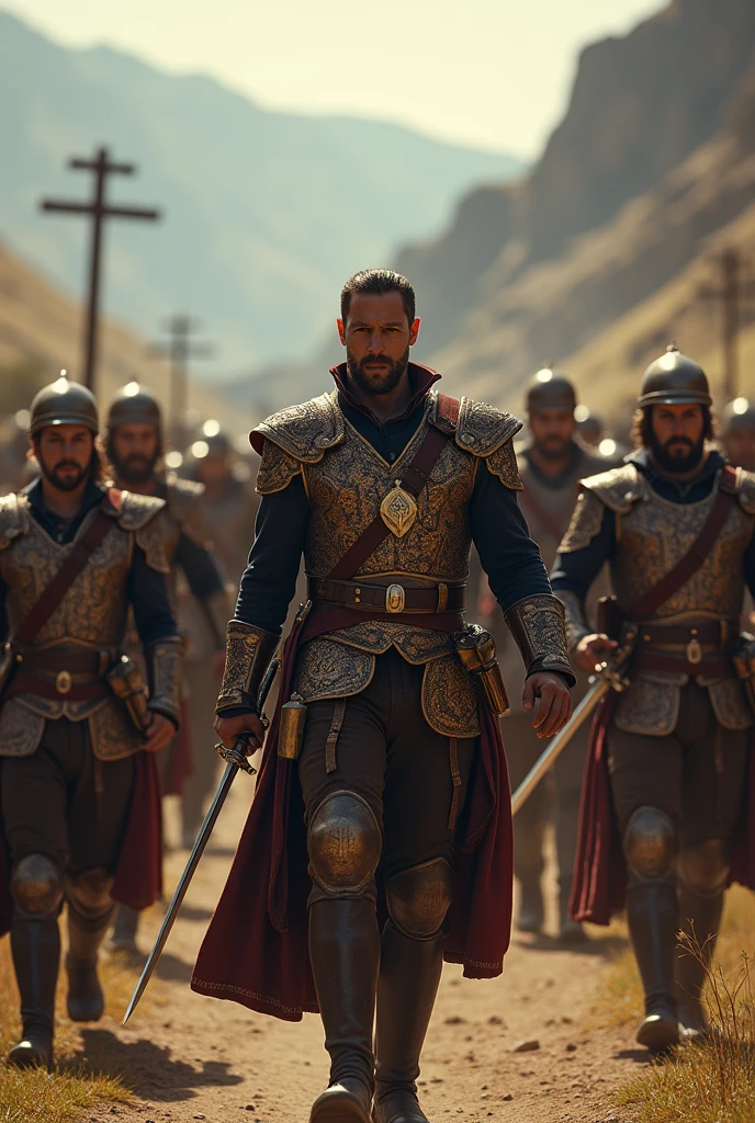 {A symbolic representation of Khalid ibn al-Walid commanding his forces, adorned in historic 7th century battle armor, amidst an intense battlefield}, Surrealism, Greg Rutkowski Influence, Wide Angle Lens, Overhead Epic Shot, (High Contrast:1.25), (Vivid Colors:1.15), (Rutkowski:1.1), (Artstation:1.2)