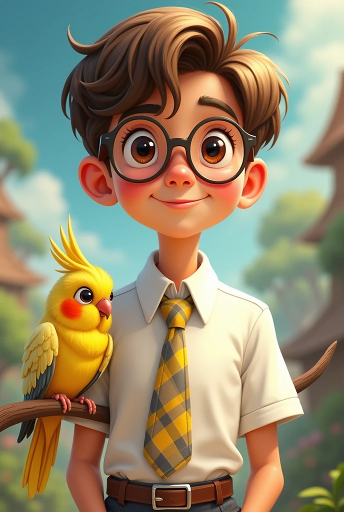 A beautiful smiling child with white skin in a black suit and red tie, brown eyes and curly hair, with a beautiful fabric beret on his head and a cockatiel on his shoulder, in a beautiful forest, winking at us and realistic, and the cockatiel has its tuft up.