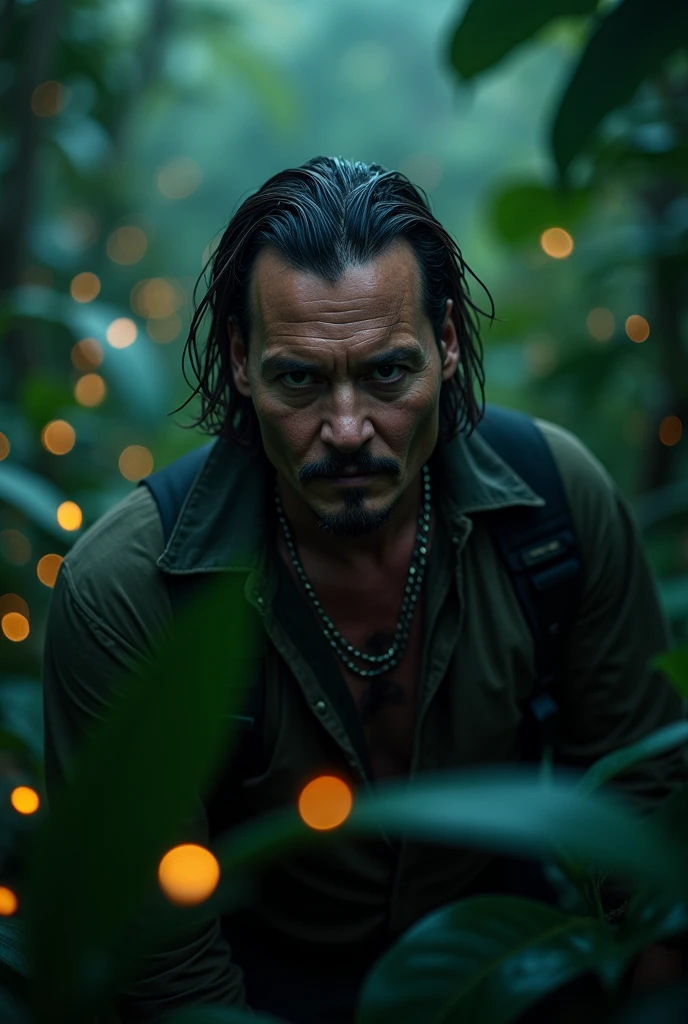 ((Realistic lighting, best qualtiy, 8K, tmasterpiece:1.3)), sharp fokus:1.2, of a guy,adventurer,explorer,closeup cleavage,Beautiful close-up((adventurer)),jungles,oases,giant and wet trees
