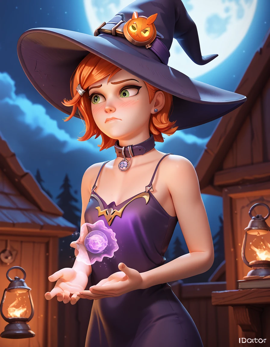 fantasy, overwatch render, Gwendolyn_Tennyson, ginger hair, short hair, one side of head shaved, fluffy hair, blushing, concerned face, witch hat, skimpy witch dress, short dress, camisole dress, g-string, cozy, preparing a spell, magic, collar, lights off, UHDR, nighttime, purple magic in hands, dark, magic dust, full moon, crypt