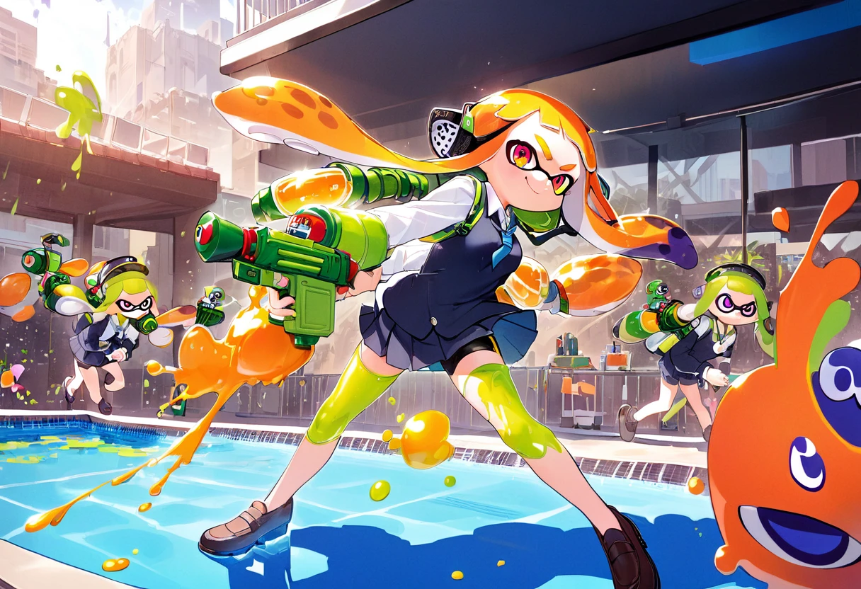 (masterpiece, best quality:1.1), popart, (many Inklings(from "Splatoon") are playing Splatoon pretend in outdoor pool),wearing school uniforms, a lot of ink on their bodies,playing with paint on each other using water-gun and ink-gun,splattered ink,colorful,great joy,volumetric lighting, dynamic pose,sharp,