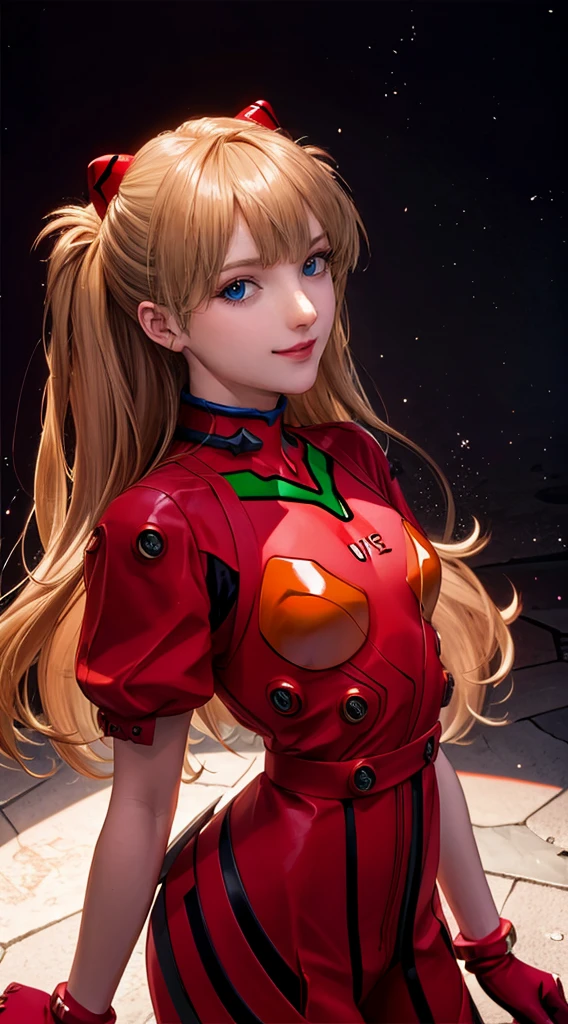 SoryuAsukaLangley,by bangs、light_particle、interface_with head、Soryu_Asuka_Langley,((( long blonde hair,Red combat uniform,looking at the viewer, there's light in my eyes,))),(((light and shadow interlace,white skin,huge cleavage,raised ,While laughing,have confidence,))),Pink sparkling clothes,Lighting for the play
