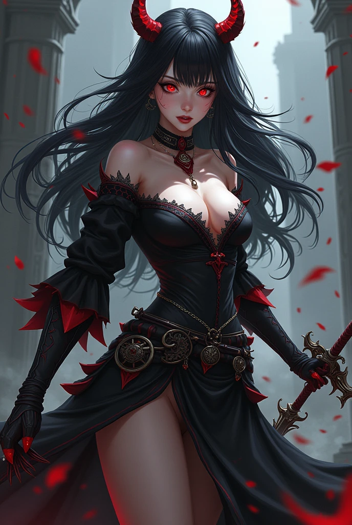Make a dark elf with long black hair, Eyes red, long black dress, holding angry red combat knives Make her look pretty with a beautiful body Make her look like she's going to attack someone in a chaotic setting