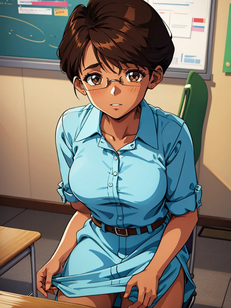 one girl is sitting on a desk, in classroom, Cowgirl position,