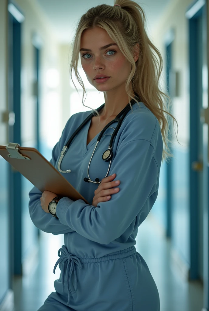 Beautiful Slavic woman, athletic, messy hair, graceful, attractive, perfect breasts, perfect face, sexy, wavy blonde hair in a ponytail, blue eyes, freckles, high cheekbones, narrow hips, hospital scrubs uniform, long shirt, pants, clipboard, stethoscope, perfect hands, wristwatch, embarassed, erect breasts, big breasts, perfect areolas, perfect nipples, slightly swollen breast nipples, pinkish nipples and areolas
very perky breasts, titcup, (((naked pussy))), beautiful thighs, (((close-up, open mouth, pants down))), ((bottonless)), ((((undressed)))), (((nude))), no pants,
(((all fours, v arms))) in a hospital hallway,
ultra detailed face, beatiful face, Upscale: 2, hires: 20, Denoising: 0.3,