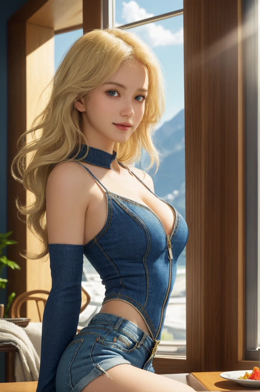 1 girl, (light blue eyes), (smiling :1.2), (Sana Minatozaki), Wide hips, big breasts,narrow waist , big ass, (Best Quality, 8k, Masterpiece: 1.3), clear focus: 1.2, Perfect body beauty: 1.4, Very detailed face and skin texture., detailed eyes, double eyelids, (long straight blonde hair :1.2), (long black hoodie), (denim miniskirt), big sexy smile,standing, shows waist, dynamic pose, pose sexy, dark street at night , buildings at night in the background, Deep in the field,big breasts,translucent top with, lace, sin underwear),(showing white panties),