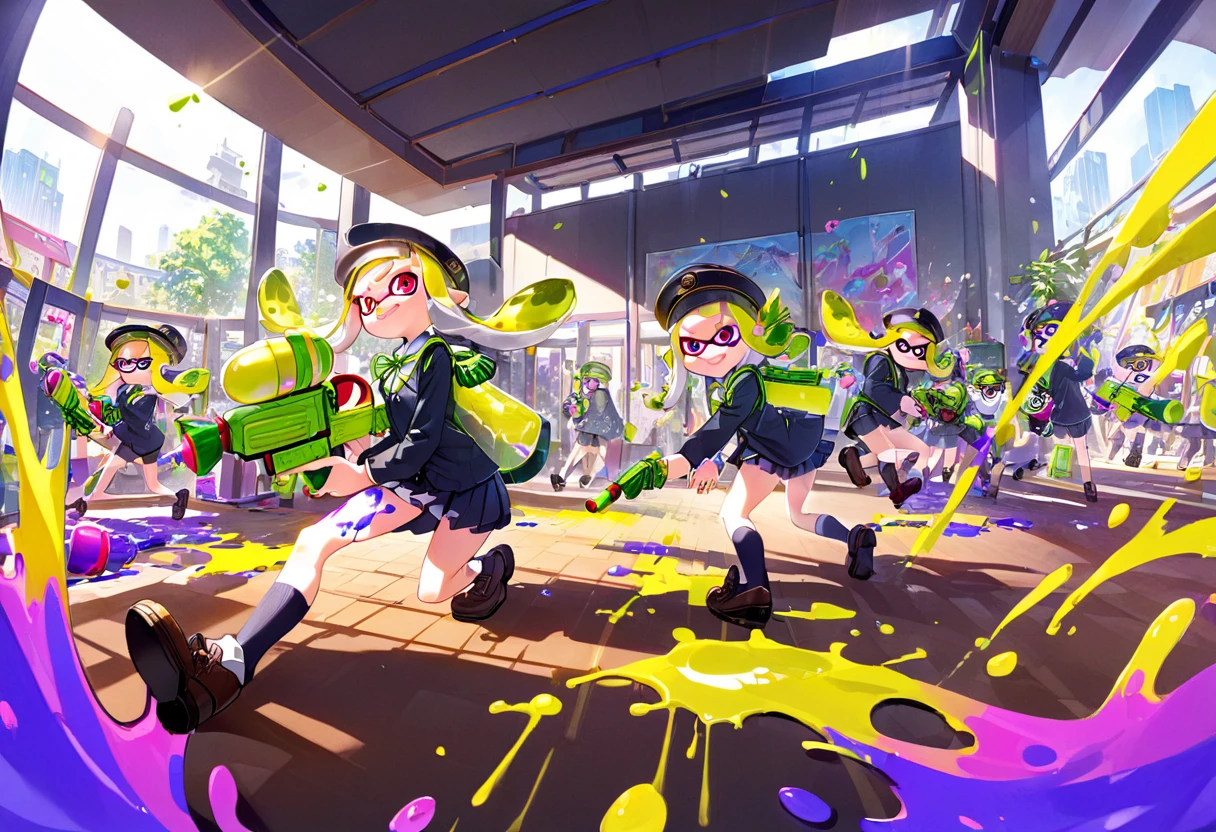 (masterpiece, best quality:1.1), popart, (many Inklings(from "Splatoon") are playing Splatoon pretend in school playground),wearing school uniforms, a lot of ink on their bodies,playing with paint on each other using water-gun and ink-gun,splattered ink,colorful,great joy,volumetric lighting, dynamic pose,sharp,Panorama,