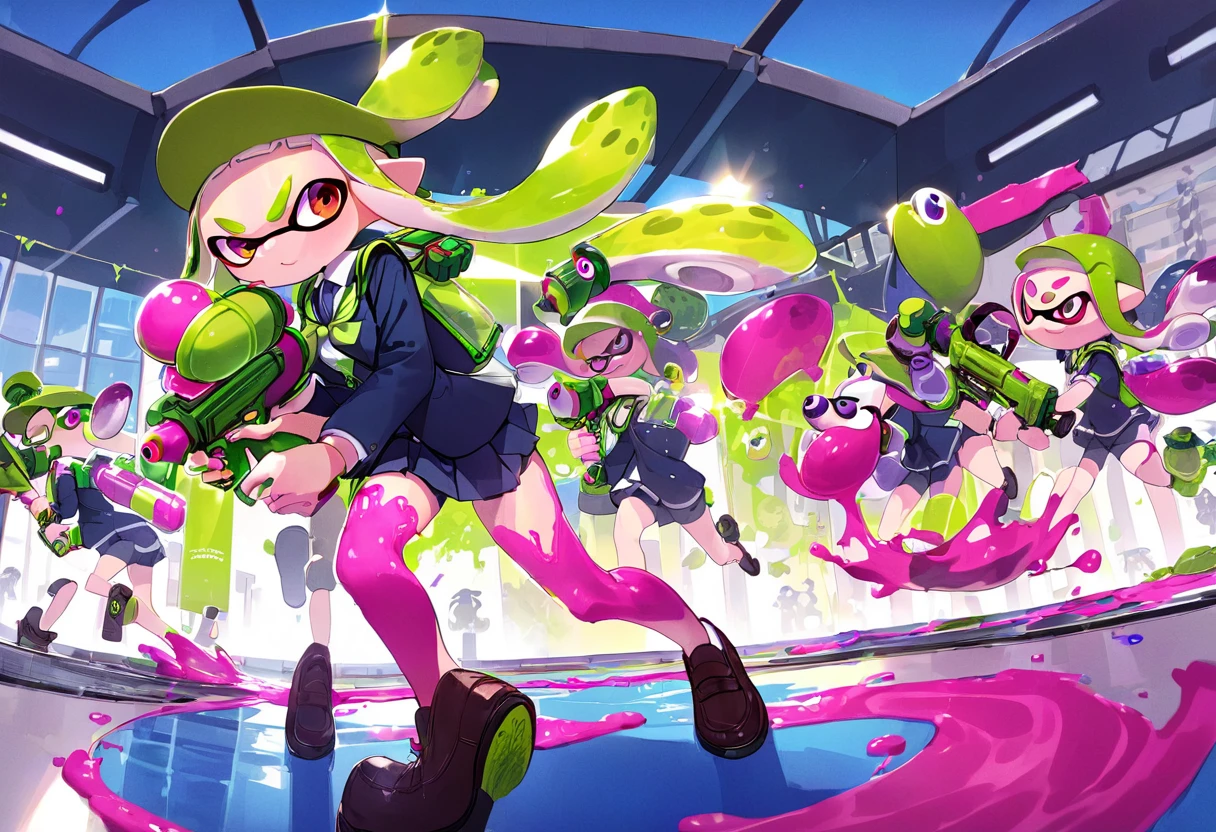 (masterpiece, best quality:1.1), popart, (many Inklings(from "Splatoon") are playing Splatoon pretend in outdoor pool),wearing school uniforms, a lot of ink on their bodies,playing with paint on each other using water-gun and ink-gun,splattered ink,colorful,great joy,volumetric lighting, dynamic pose,sharp,Panorama,