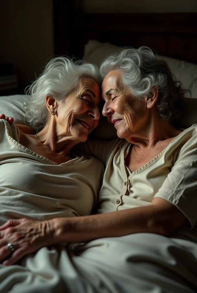 score_9, score_8_consolation, score_7_consolation, 1 grandmother, 1 woman, mature woman, (Mother and grandmother), Elderly, snuggle, kiss, touch one's head, kneel down, In my room