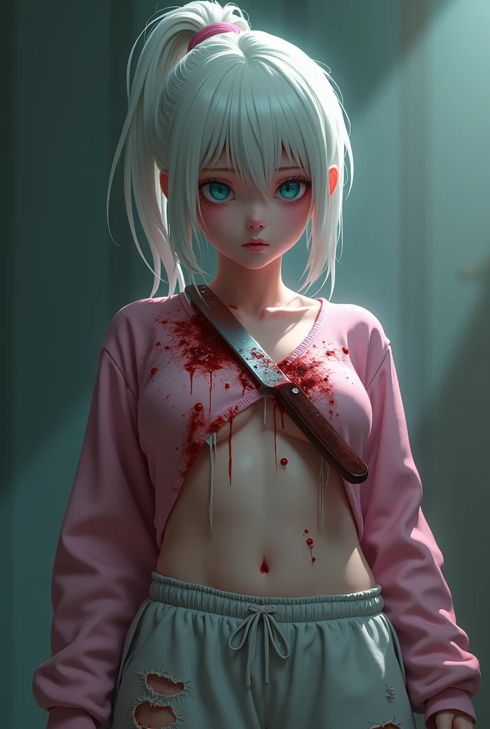 Cute anime girl killer, with pale white skin and short white hair with white eyelashes and blue eyes with clothes and body covered in blood
