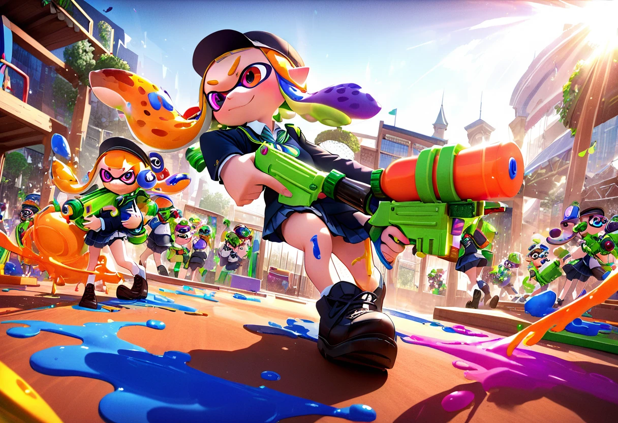 (masterpiece, best quality:1.1), popart, (many Inklings(from "Splatoon") are playing Splatoon pretend in outdoor playground),wearing school uniforms, a lot of ink on their bodies,playing with paint on each other using water-gun and ink-gun,splattered ink,colorful,great joy,volumetric lighting, dynamic pose,sharp,Panorama,magnificent view,