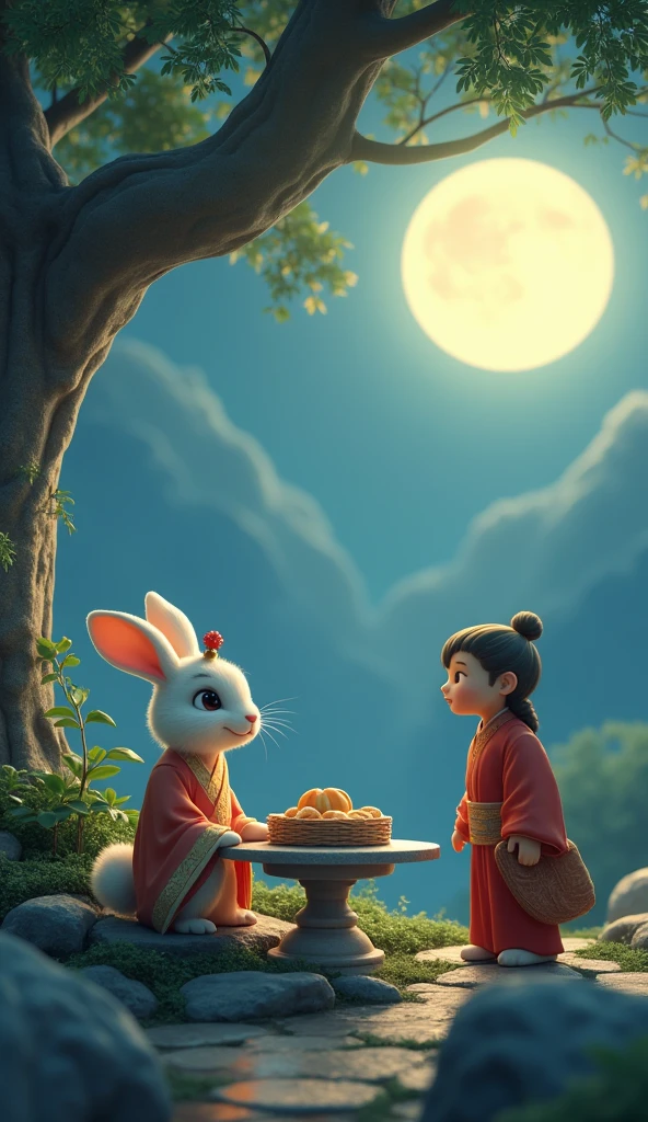 mid-autumn festival，A cute fairy dressed in ancient Chinese clothes，Playing with a rabbit next to a girl，Moon cake，Auspicious clouds，Behind the huge moon，a warm color palette，Abstract screen，ultra-realistic realism，pixar-style，3d effect，Disney  style，Clear contour light，rim-light，fanciful，spotlight lights