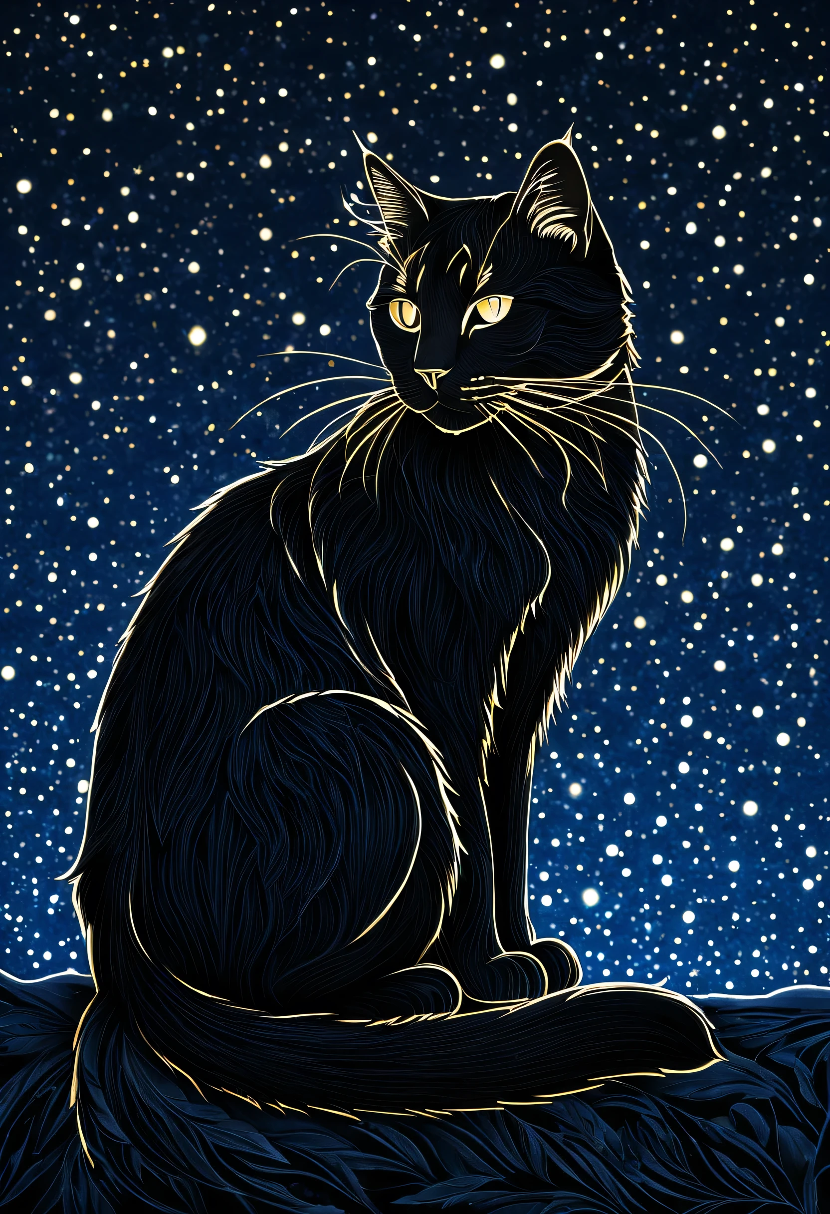 Navy colored pencil shading, Navy charcoal drawing, coloring paper, Pencil drawing, Brutal Dark B/w color scheme, Golden Pattern,
Poster, close, full length, Shadow Puppet Art, ((A secret society of cats who are responsible for world peace)), Realistic, Glow Frame, Backlight colors, silhouette colors, Space Frame, beautiful cats in frame, silhouette, Navy Blue Light, bright, Magical Night Sky, figure, soft, beautiful, Dreamy, Realistic, professional, Simple, Sparkling Night Sky, Very detailedな, Very detailed, figure, Semi-finished sketch, Half Color Sketch, anime, masterpiece, bright colors, High contrast, bright lighting, dark Simple background,