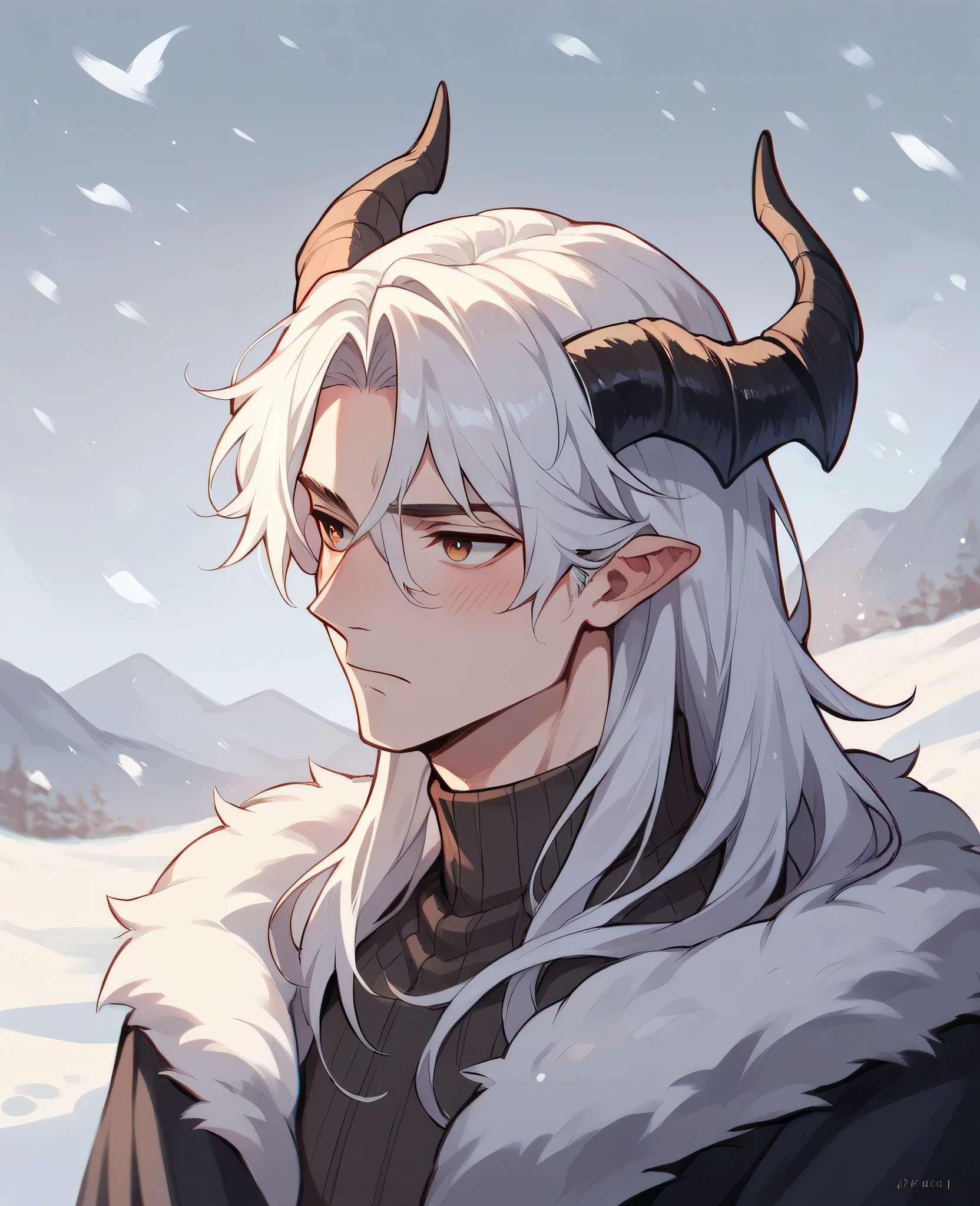 Man, snowy field, horns, white hair, long hair, expressionless, blush