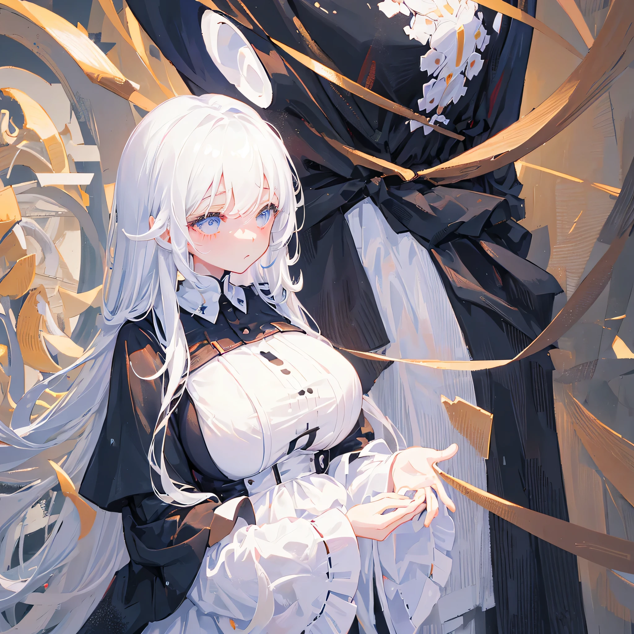 ((Highest quality)), ((masterpiece)), ((Very detailed)), (Very mature),A cute high school girl with a gentle look, white hair and about 165cm tall.，A female high school student with big breasts and a cute smile wearing a transparent black waifus with a cute patterned hood that shows off her shoulders, 顔が若干縦方向に長いbright笑顔の女性，Small Faced Woman，alone, Cute attitude,(background(bright)，Long Hair - Straight，Knee-high socks、A transparent white veil with a cute pattern and a hood with white off-the-shoulders，White wall、Sitting、Facing the viewer、縁に模様がある壁が1面のbackground
