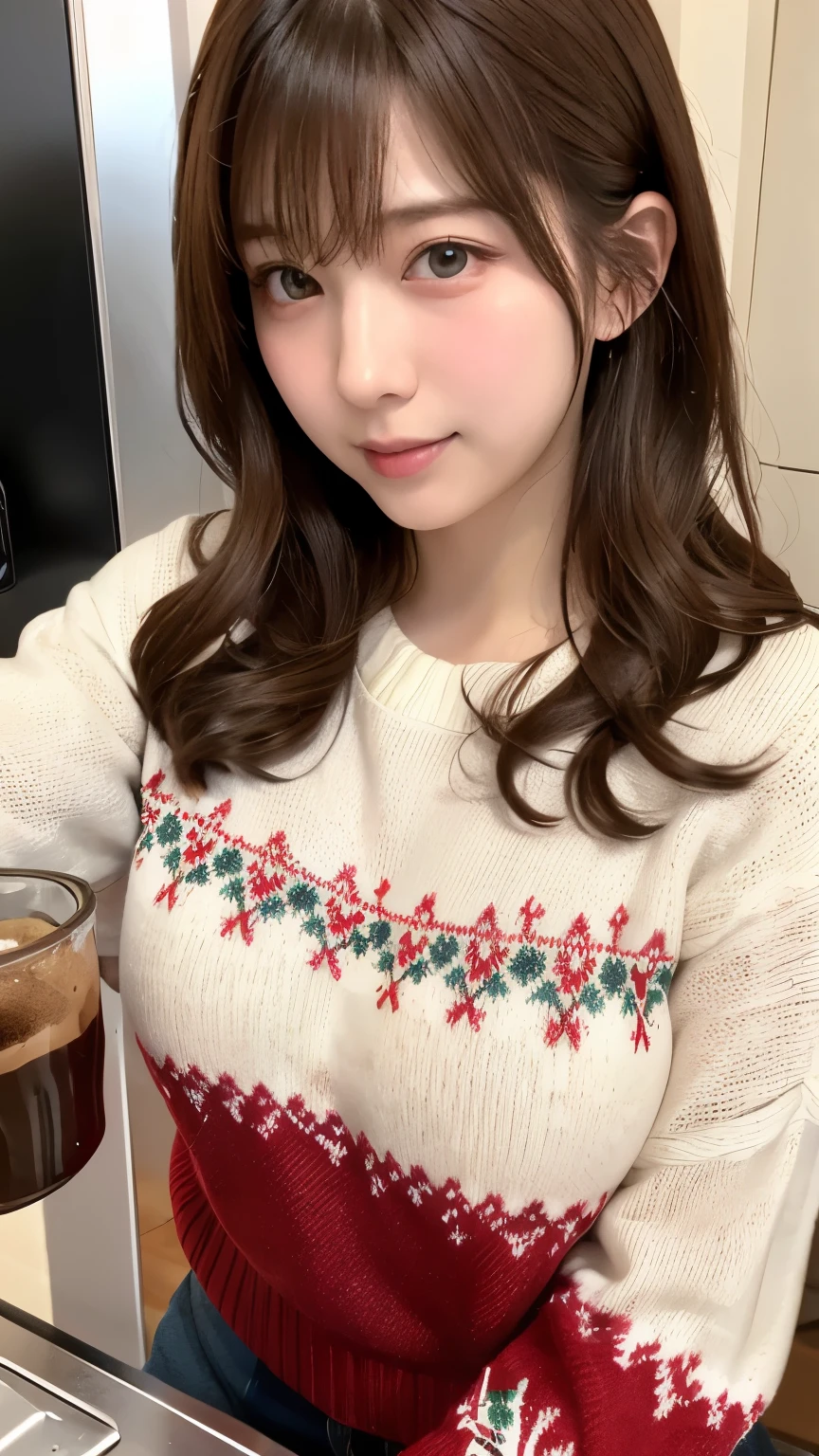 Christmas Sweaters, Cute sweater coffee machine dynamic shot fever々A cup of coffee、Seventeen year old high school girl、Big Breasts、