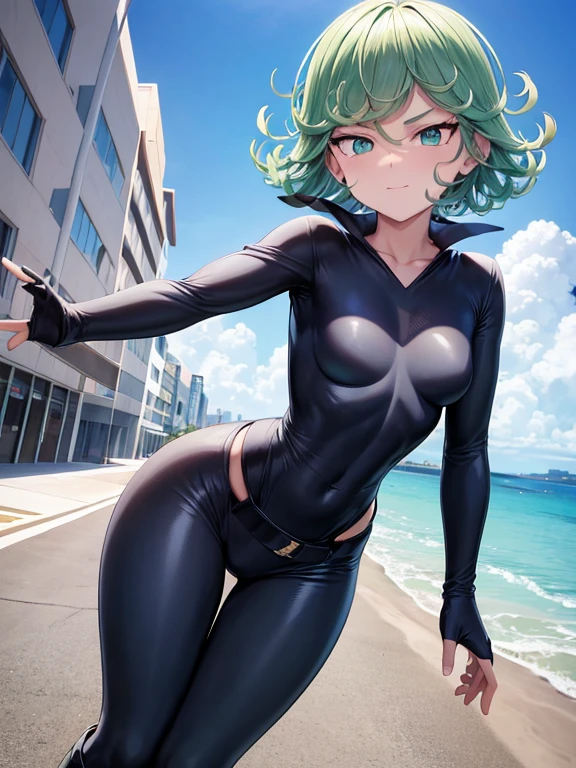 (masterpiece, Highest quality:1.2), alone, One girl, Very cute face、Tatsumaki, Sitting, Crossing your legs, slender、Black leotard, cowboy shot, 