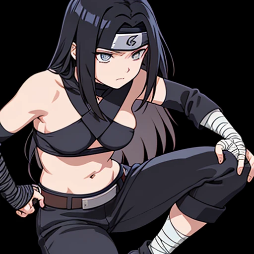 female character, long hair, with bangs, big breasts, using Top: She wears a black bandeau style top, with an angular neckline that exposes part of the bust. There is a high collar connected to the top, covering the neck area. The straps leave the shoulders and part of the arms exposed, giving a bolder and more agile look.

mitts: She wears long black sleeves that cover much of her arms., starting just below the shoulder and going down to the wrists. These sleeves are separate from the top, and there is a space that leaves the arms visible between the shoulder and the elbow.

Abdominal band: The abdomen area is partially covered by a mesh band, a type of traditional shinobi-style protection. This mesh is just above a wide, fitted belt., which appears to be part of ninja attire.

trousers and belt: She wears black short pants, that are loose and allow mobility, typical of ninja outfits. The pants are held up by a wide belt, with a buckle in the center, reinforcing the idea of a practical combat suit. There is a small opening on the side of the legs, revealing some skin.

Boots and bandages: On the lower legs, she appears to be wearing white bandages or bands below her knees, possibly for extra protection or support, a common practice among ninjas. Although it is not visible in the full image, She probably wears ninja boots or sandals.