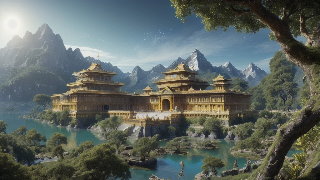 (((bottom to up view))), ((Unreal Engine 5)), ((Masterpiece)), ((ultra high definition)), ((ultra high resolution)), ((full sharpness)), ((maximum quality)), ((Cinematic)), ((8k)), ((a golden palace on a mountain)), ((majestic palace)), ((surrounded by bright green plants)), ((very detailed image)), ((very detailed palace)), ((very detailed mountains)), ((breathtaking view)), ((scene of ramayan)), ((palace of ravan)), ((palace of demon king)), ((mythic creatures flying)), ((high quality)), ((cinematic view))
