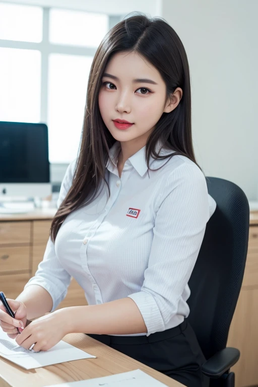 30 year old beautiful OL costume best、Sitting on a chair、Office with computer、Sweet smile 、skirt by the、Panties that change color from image to image、Hairstyles that change depending on the image、large udder、Faces and expressions that change with each image、