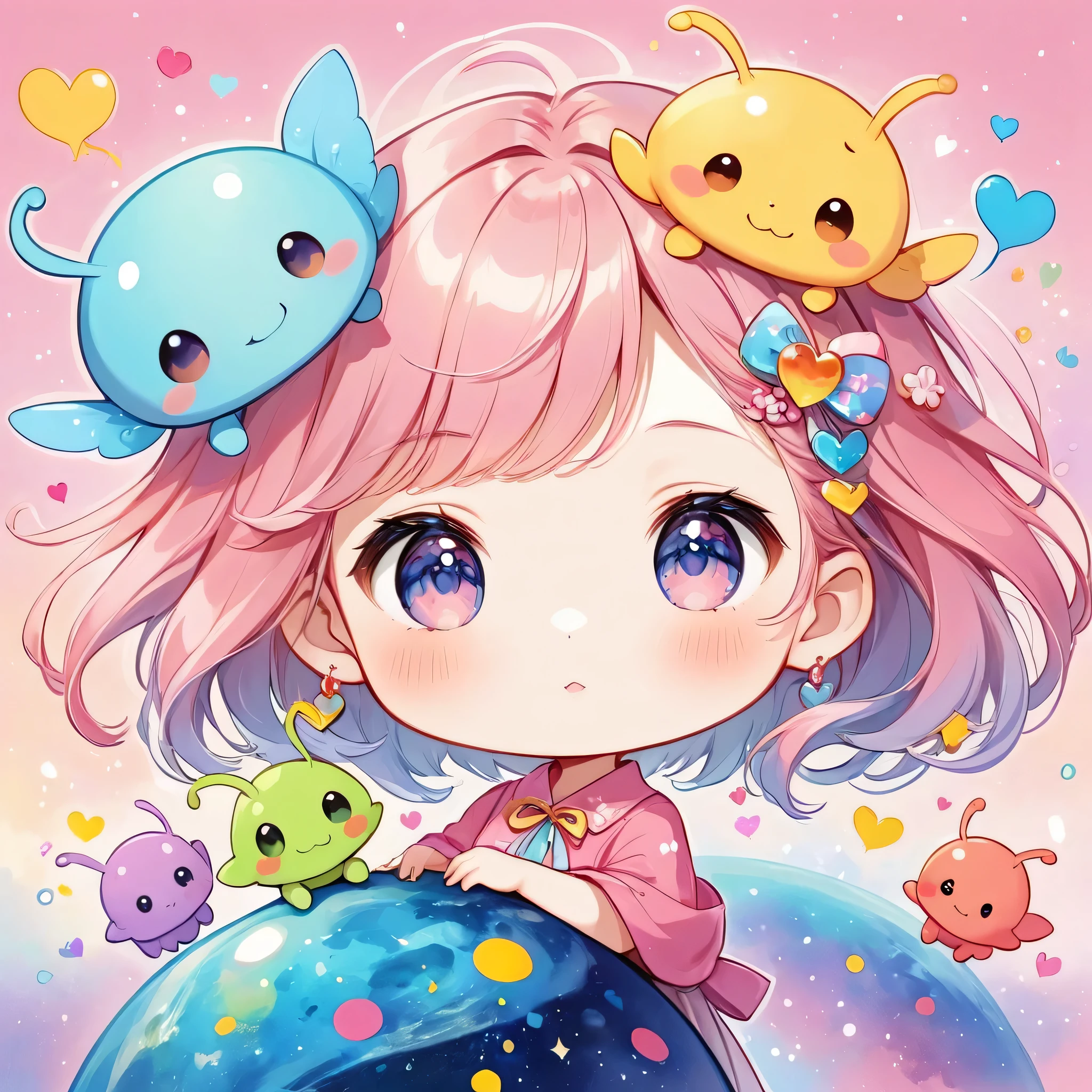 Momoko Sakura colorfull style, Simple Line Initialism，Abstract art，(((The most beautiful girl of all time))), (((chibi))), Sweet face. colorful hearts, funny design, (((happy ))), Cute summer clothes,  (((Cute Aliens))), The background is space