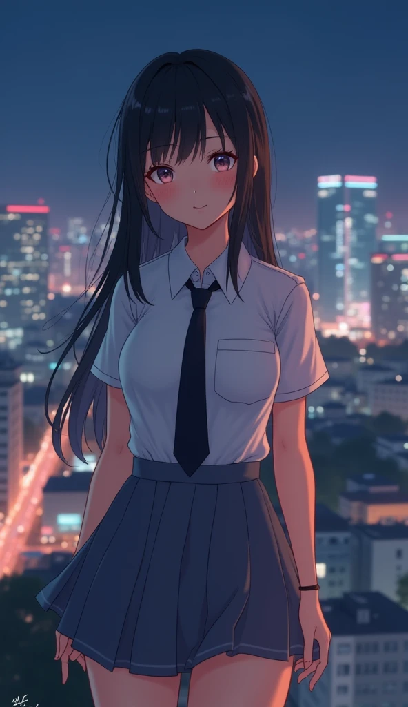 Highest quality, Ultra-high resolution, Very delicate, beautiful girl, 8k wallpaper, From the side, Facing the audience, Outdoor, Somewhere in the city, shirt, skirt, Happy, Long black hair,