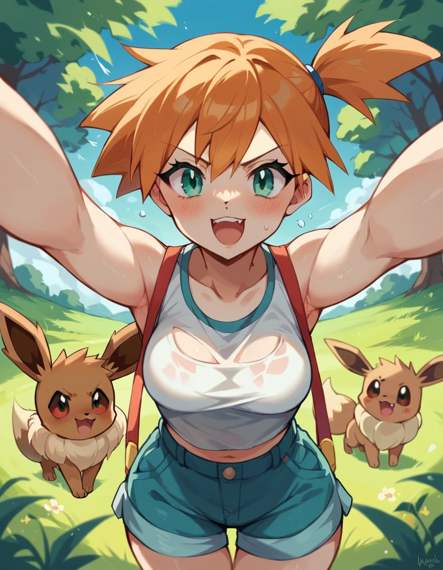 Vivid colors,Brown Hair,Big collar、A garment with an open chest design,Exposed breasts,Pants with no fabric in the crotch area,Exposed pussy,（beige skin,Beige breasts,Beige thighs,Pink nipples,）Light blue eyes,A picture of a woman holding a monster ball, Pokemon Misty, Gainax Anime Style, Also, Masamune Shirow, Inspired by Rei Kamoi, inspired by Un'ichi Hiratsuka, Singey, Cool pose, dramatic Grin pose, Female protagonist 👀 :8, Grin, rei hiroe