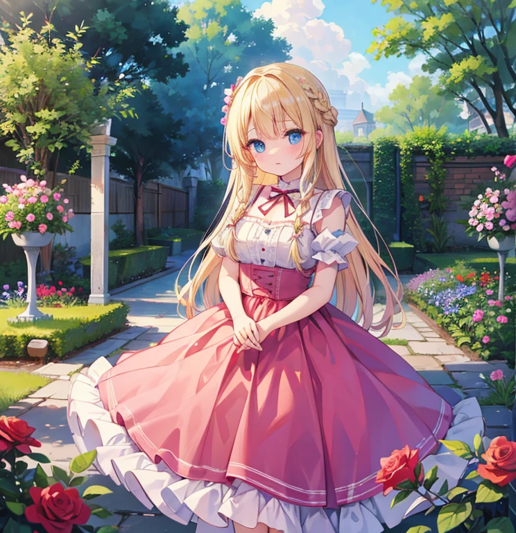 masterpiece, highest quality, High resolution, blue eyes、 blonde, Braided hair、pink dress 、Long skirt, roses garden , bare sholders