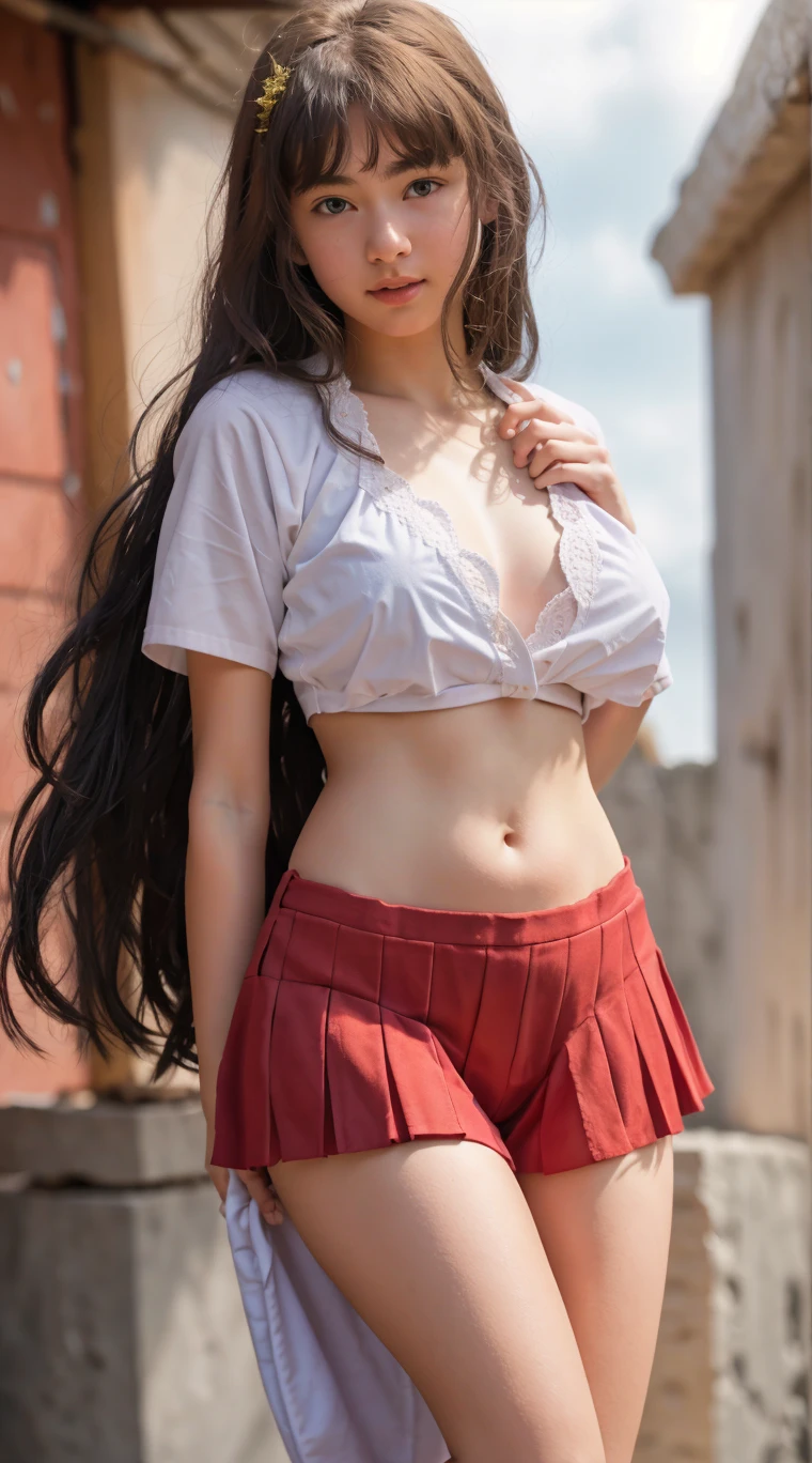 Full body portrait, young woman, smiling, drooping eyes, ((spread legs and eccentric pose, showing off her light pubic hair and genitals)), summer white shirt, ribbon, outdoors background, braid, (((in the dark, dark hour of down))),