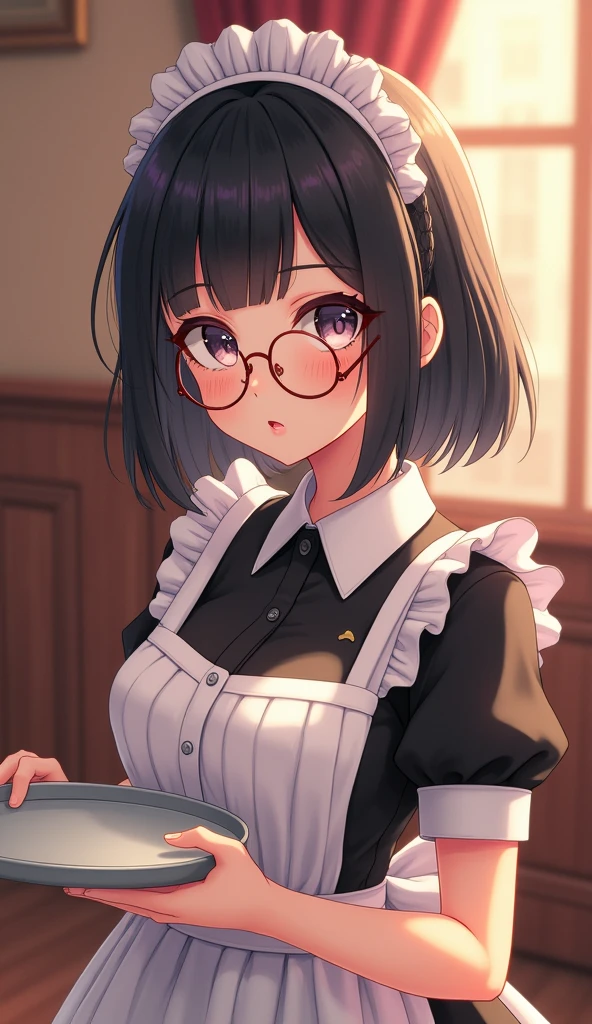 dynamic angle, standing, y pose, bewitching pose, Very cute pose, Highest quality、Best image quality、masterpiece、Anime Style、a girl、Beautiful Eyes、black hair, purple eyes、Short bob cut、(sideburns), middle part, (flat chest)、slender、Tight waist、Small Assund Glasses、Beautiful Face、Natural smile, red cheek, maid costume, In a white-themed room、cowboy shot, Shallow depth of field、