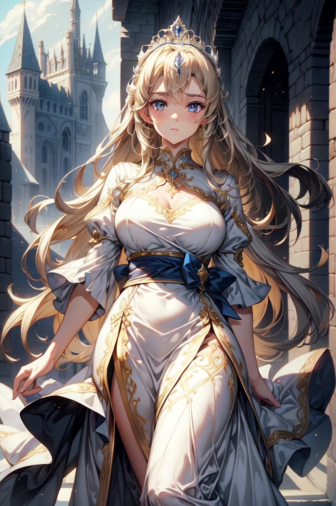 ultra-detailed, extremely detailed,((anime artstyle)),Masterpiece,(Best Quality),(Super Detail),(Very Delicate and Beautiful),((Solo)),((full body portrait)),full body,full body portrait,(detailed face and eyes),detailed eyes, perfect eyes, rendered eyes,jewel-like beautiful eyes,((1 princess in beautiful embroidery and jeweled gorgeous ballgown with frilled voluminous full length hoop skirt)),((Crinoline)),beautiful embroidery and jeweled gorgeous ballgown with frilled voluminous full length hoop skirt,(large amount of straight hair,extremely voluminous Very Long straight Hair,Absolutely Long Straight Hair),(((very gigantic boobs))),cleavage,(beautiful fantasy castle,outdoors,outside the castle),long_gloves,extremely gorgeousfull jeweled hair ornament,(bling-bling extremely gorgeousfull jeweled tiara),(luxurious jewelry),full body portrait,beautiful embroidery and jeweled gorgeous ballgown with frilled voluminous full length hoop skirt