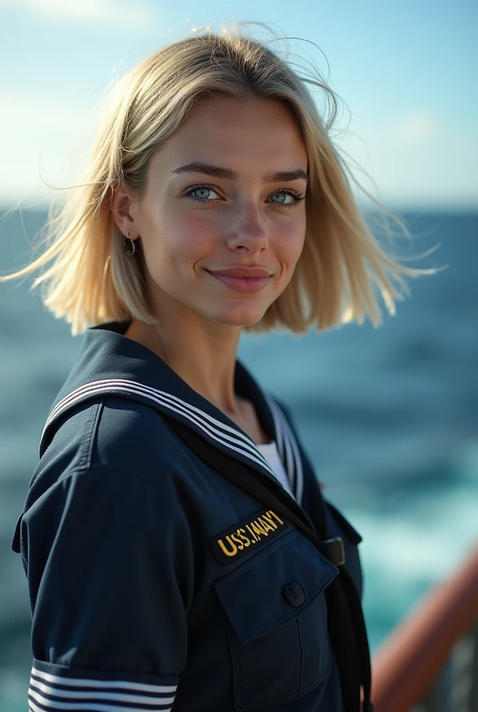 {{masterpiece, best quality, extremely detailed CG, unity 8k wallpaper, cinematic lighting, }}, Sony α7, wide frame, South Pacific, during war with Asian powers, wind blowing on Aegis ship, 1 Girl, Full Body, smile, she is a US Navy sailor, Caucasian, 20 Years Old, Smile, Blonde Hair, Short Bob, blue eyes , long eyelashes ,