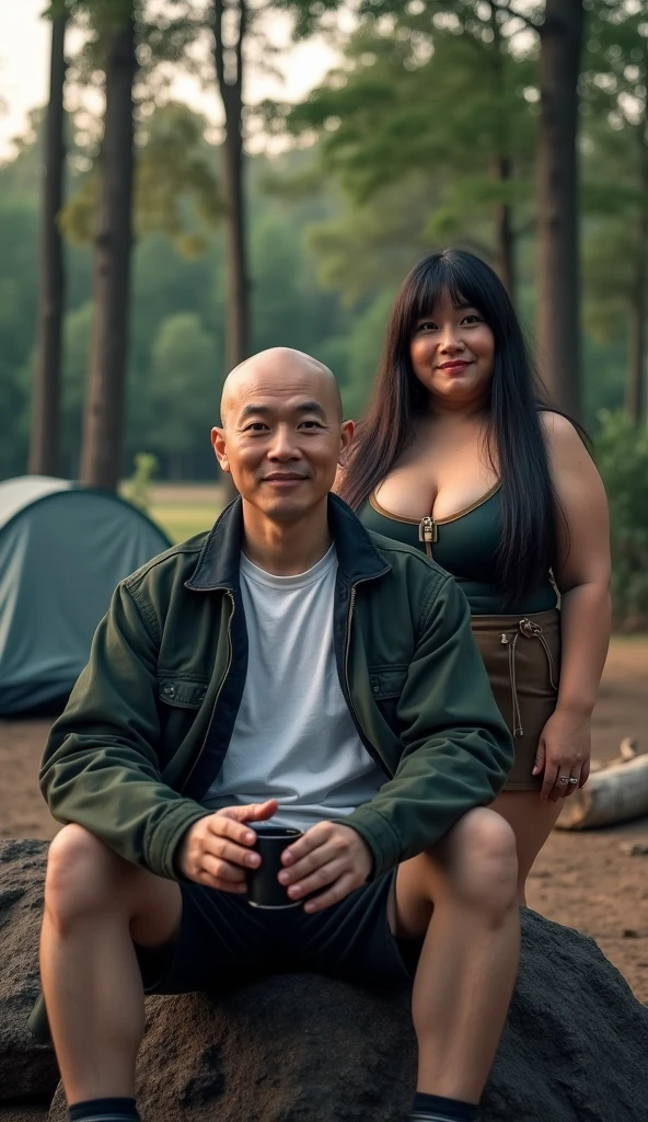 An old fat Thai man, not wearing a shirt, lies down on top of a beautiful Thai woman who is not wearing a shirt.