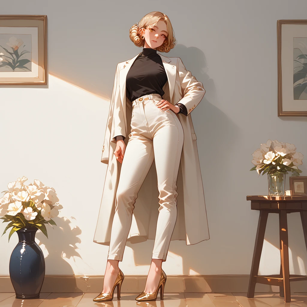 The image is a digital illustration of a young woman standing in a room with a white background. She is wearing a white blazer over a black top and beige trousers. She has blonde hair styled in loose curls and is wearing gold high heels. The woman is posing with one hand on her hip and the other resting on her thigh. There is a ladder leaning against the wall behind her and a vase of pink and white flowers on the left side of the image. The overall style of the illustration is elegant and sophisticated.