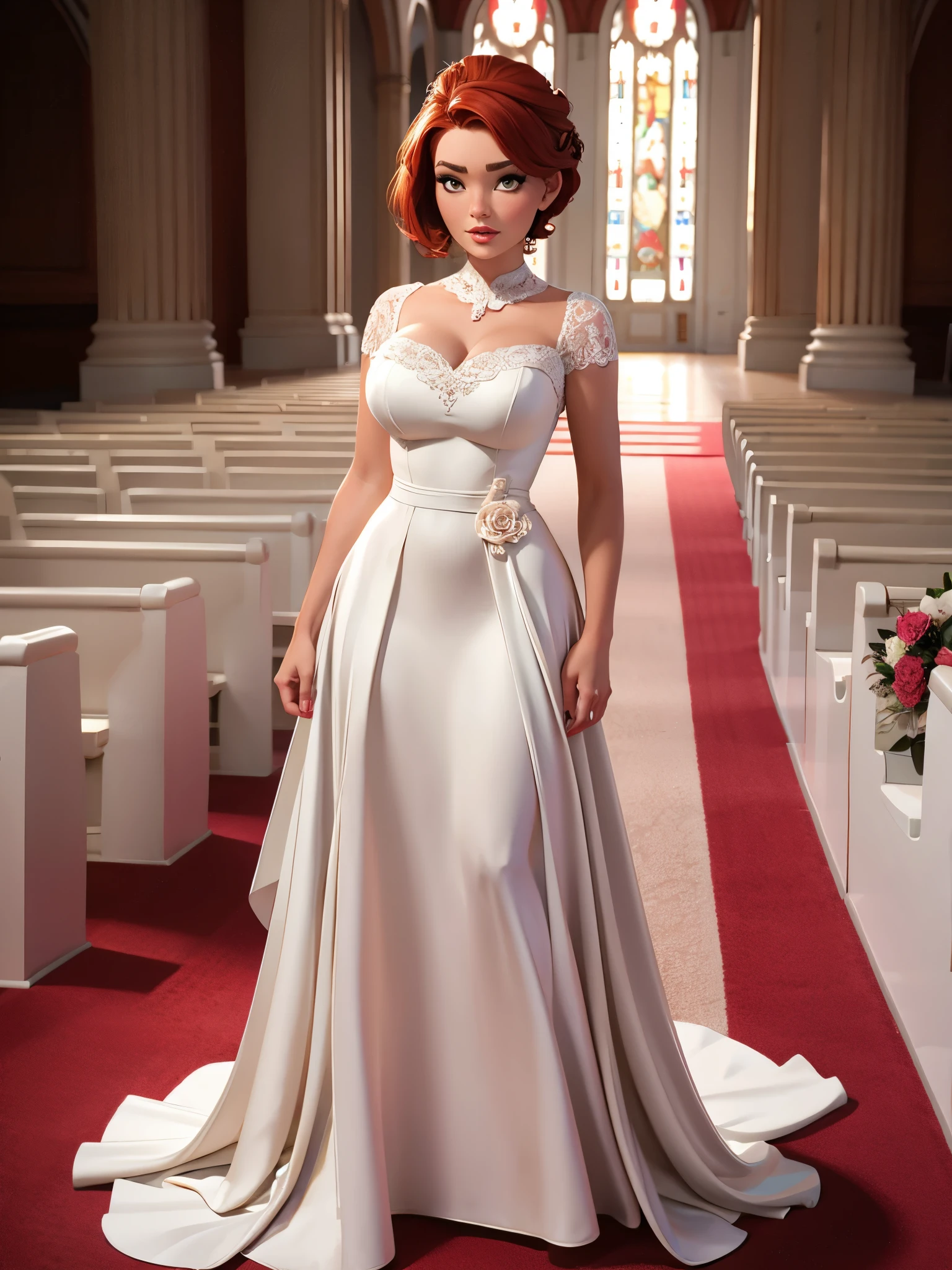 ((solo)), alone, bride, wearing a white wedding dress, queen, happy, ((forehead to show)), standing, entering the church, red hair, short hair, delicate, young, short hair, detailed face, high definition, ((full body)), (flowers around her), full body, she is a beautiful woman getting married, face with high quality, beautiful, radiant, charley.atwell