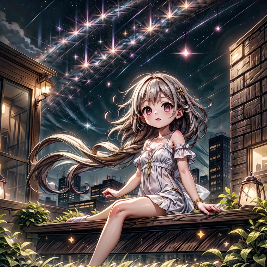 1girl,Cute and unique,💛、Magenta、Sitting on the roof of a skyscraper and gazing at the stars