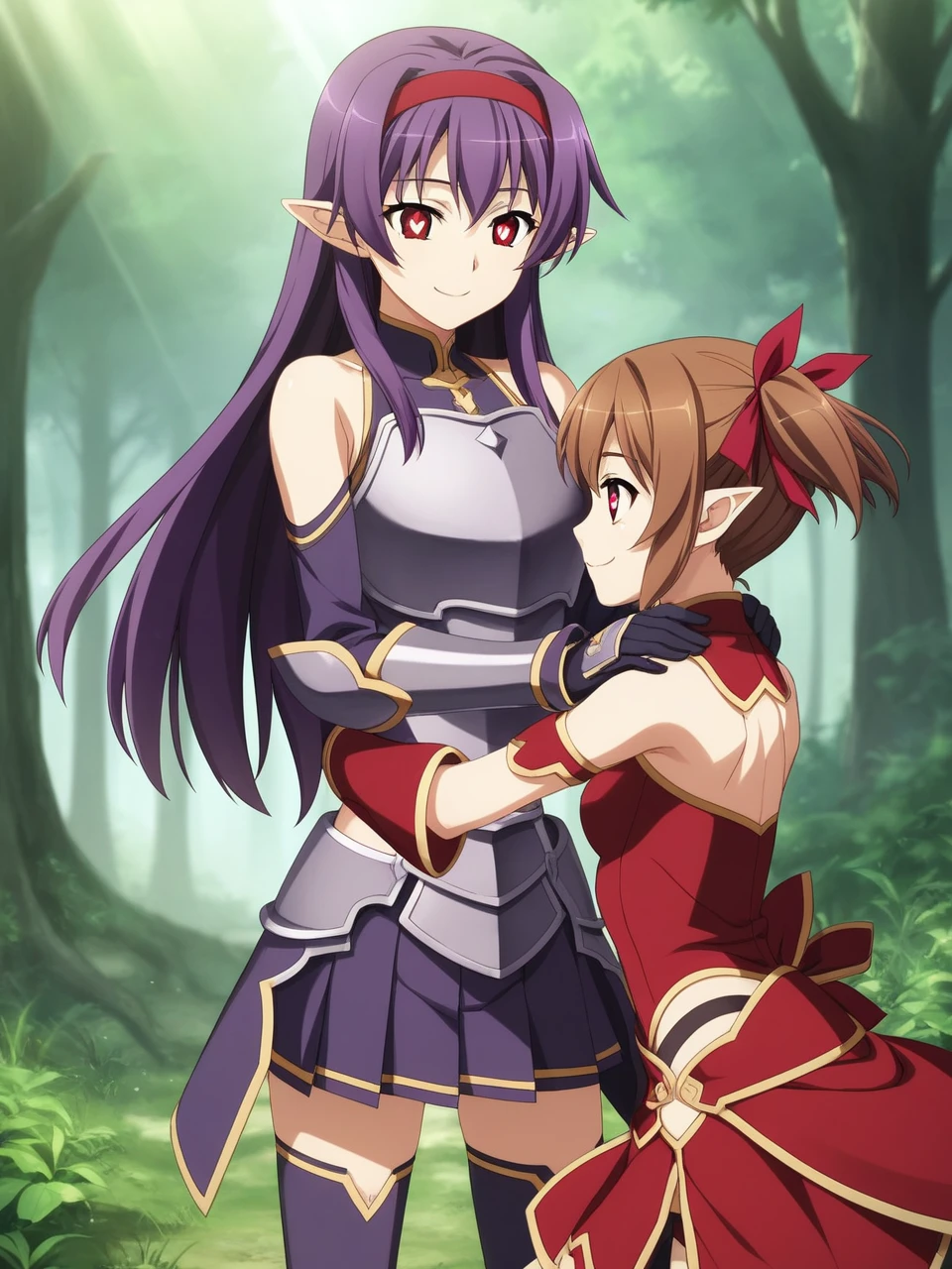 2 girls, 1 futa, 1 female, silicabase, brown hair, short twin tails, red eyes, armor, pleated skirt, thigh-highs, bare shoulders, breastplate, hair ribbon, red clothing
BREAK, smile, heart shaped pupils
standing, outdoors, dense forest, dappled sunlight, depth of field, cinematic, game cg, anime screencap, official art, masterpiece, best quality
yuukibase, purple hair, long hair, red eyes, pointy ears, hairband, armor, breastplate, detached sleeves, leotard, purple skirt, bare shoulders, gloves,
BREAK, full body shot, hugging, looking at each other , 
