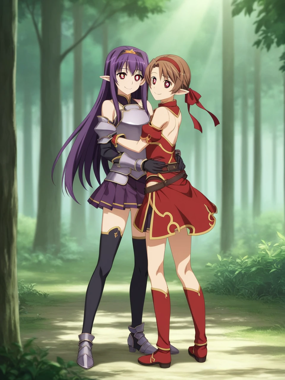 2 girls, 1 futa, 1 female, silicabase, brown hair, short twin tails, red eyes, armor, pleated skirt, thigh-highs, bare shoulders, breastplate, hair ribbon, red clothing
BREAK, smile, heart shaped pupils
standing, outdoors, dense forest, dappled sunlight, depth of field, cinematic, game cg, anime screencap, official art, masterpiece, best quality
yuukibase, purple hair, long hair, red eyes, pointy ears, hairband, armor, breastplate, detached sleeves, leotard, purple skirt, bare shoulders, gloves,
BREAK, full body shot, hugging, looking at each other , 
