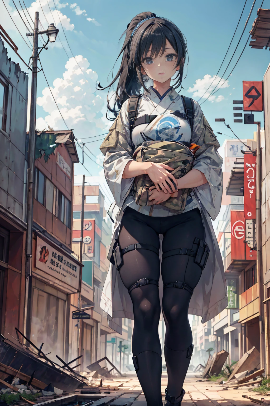 Best Quality、Complete limbs、Full Finger、Correct Anatomy、1 Female Soldier（Hair style: light brown ponytail、Age: Mid 20s）、Carrying an assault rifle、Exploring a ruined city overrun by nature、Survivor、Survivors、soldier、Beauty、Sharp impression、elite、Japanese anime style