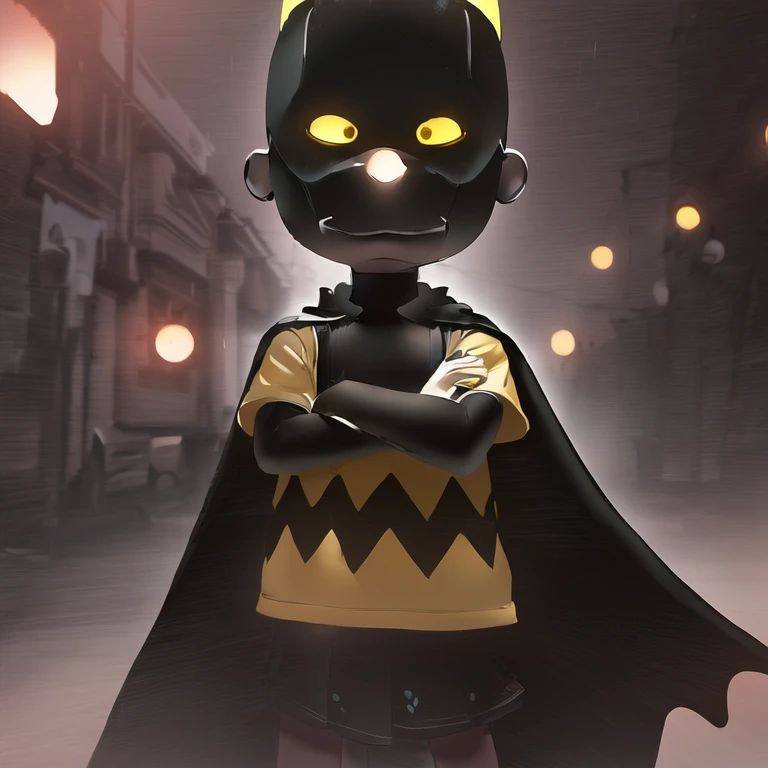 batman in a yellow shirt and black cape standing in the rain, wide angle portrait of astroboy, super realistic gritty, pouty look :: octane render, 8k render”, anigirl batman, cinematic front shot, octane render ”, octane render”, small character. unreal engine 5, portrait shot, as a claymation character, 8 k cg render, octane render ] ”