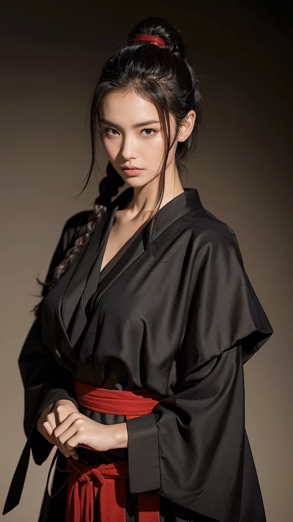 High resolution, Ultra high definition, high quality, masterpiece, woman、30th Generation、samurai、Center parted topknot、Large Breasts, Black clothes、Dynamic pose、His face is covered in mud and blood、Holding a cross-shaped spear、Helmet not worn、Battlefields of Japan、Cloudy、The whole area is a sea of fire、クールなwoman、