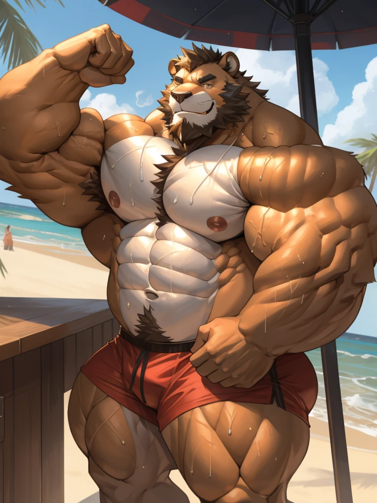 male focus, score_9, score_8, score_7, score_6,  bara, big muscles, correct anatomy, detailed eyes, simple backed, source_furry, gay, anthro, old lion, old, bearded, beefy bodybuilder, musk clouds, sweaty body, musky, highres, huge pecs, big nipples, bara tiddies, bara tits, beach, massive muscular, thick arms, flexing, bicep flexing, smile