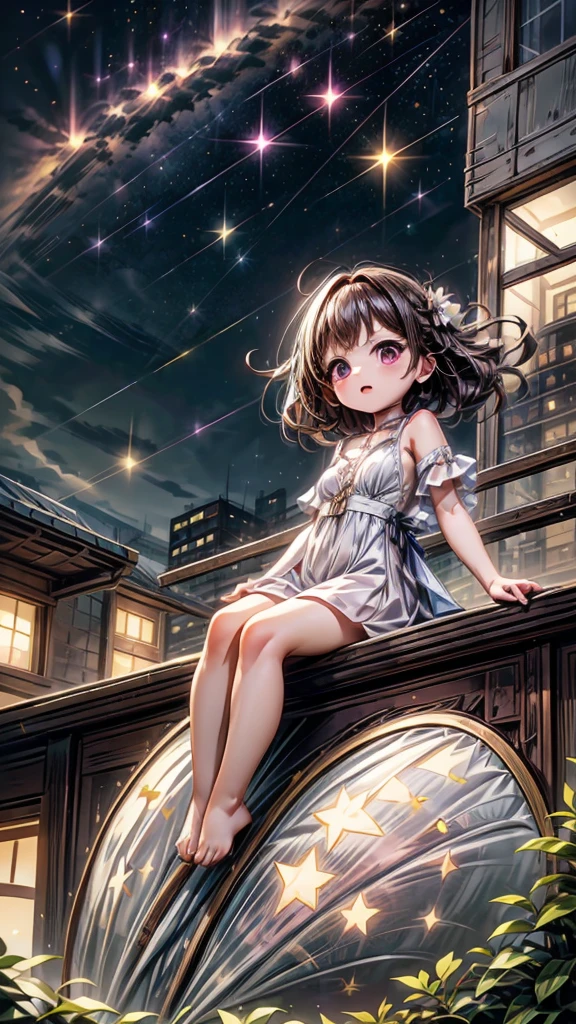 1girl,Cute and unique,💛、Magenta、Sitting on the roof of a skyscraper and gazing at the stars